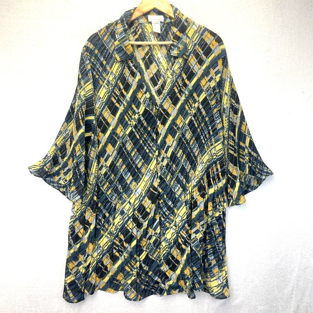 Womens Button Up Accordion Pleated‎ Tunic Top Blouse 3X Blue Yellow Sheer Artsy